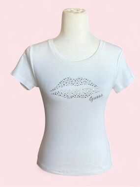 GUESS White Short Sleeve Tee with Rhinestone Lip Motif
